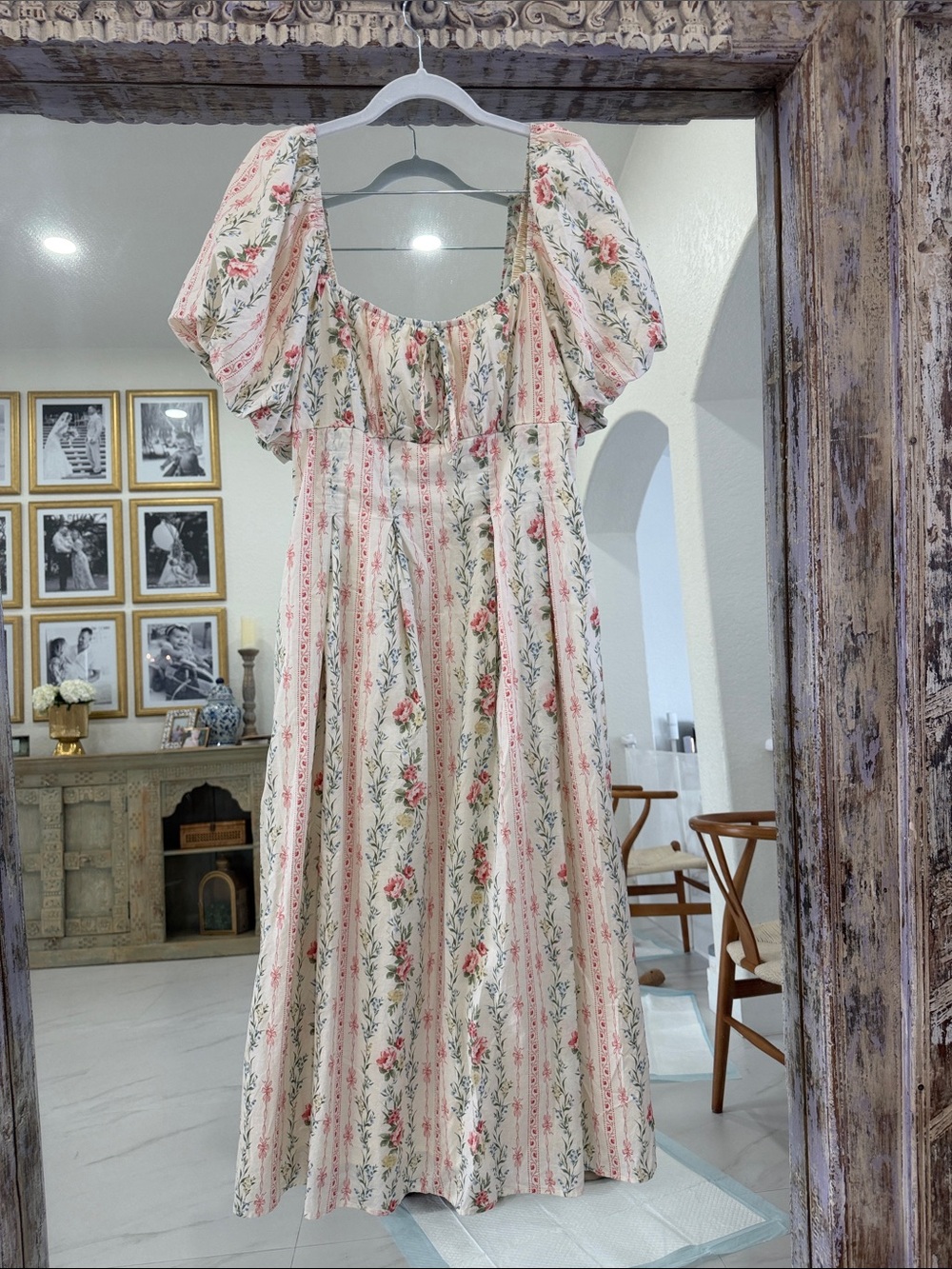 100% Cotton Storia Cream Maxi Dress with Pink Floral Stripes
